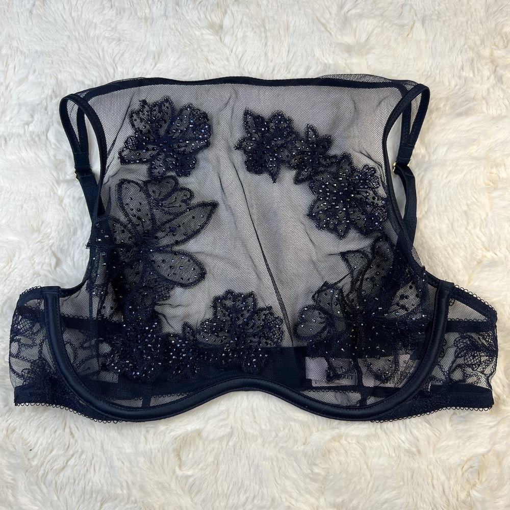 Victoria's Secret Navy Blue Sheer Mesh Embroidery High Neck Underwire Bra S-DD